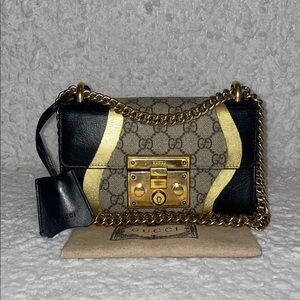 Gucci Supreme Canvas & Black Gold Leather Padlock Chain Shoulder Crossbody Bag